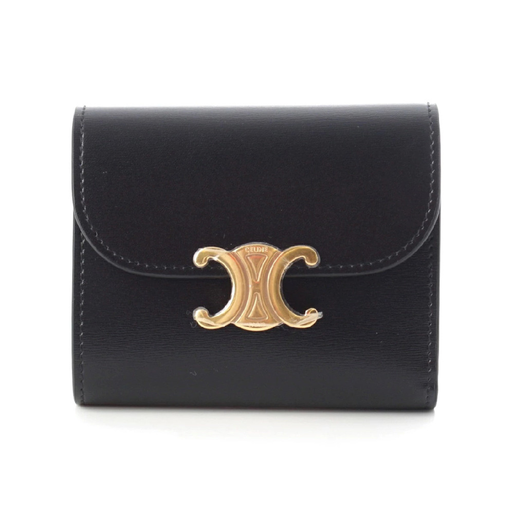 Celine Leather Triomphe Tri fold Wallet Flap Black
